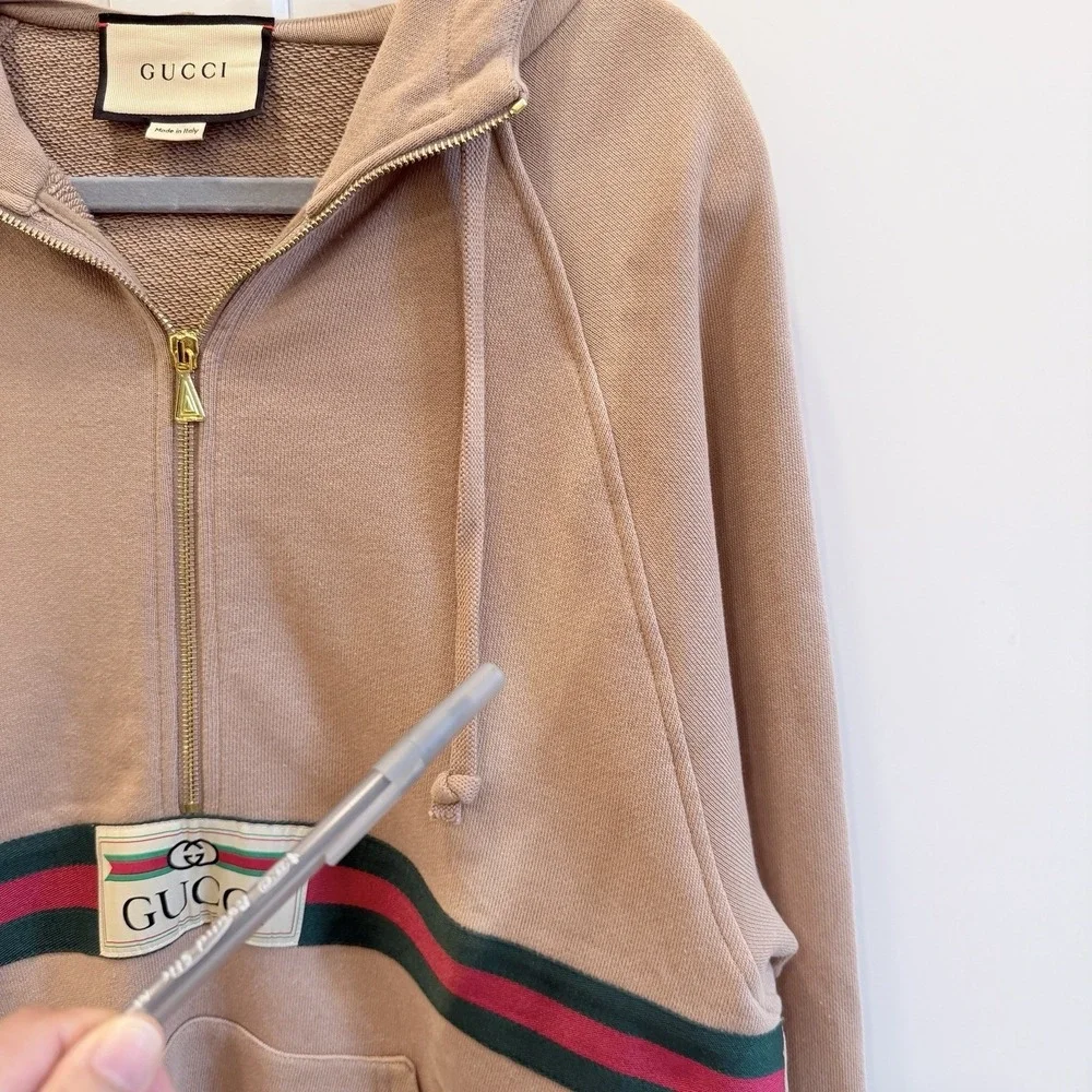 Gucci Half‎ Zip Hoodie Web Stripe Logo Patch Beige Pink Cotton Size S Italy